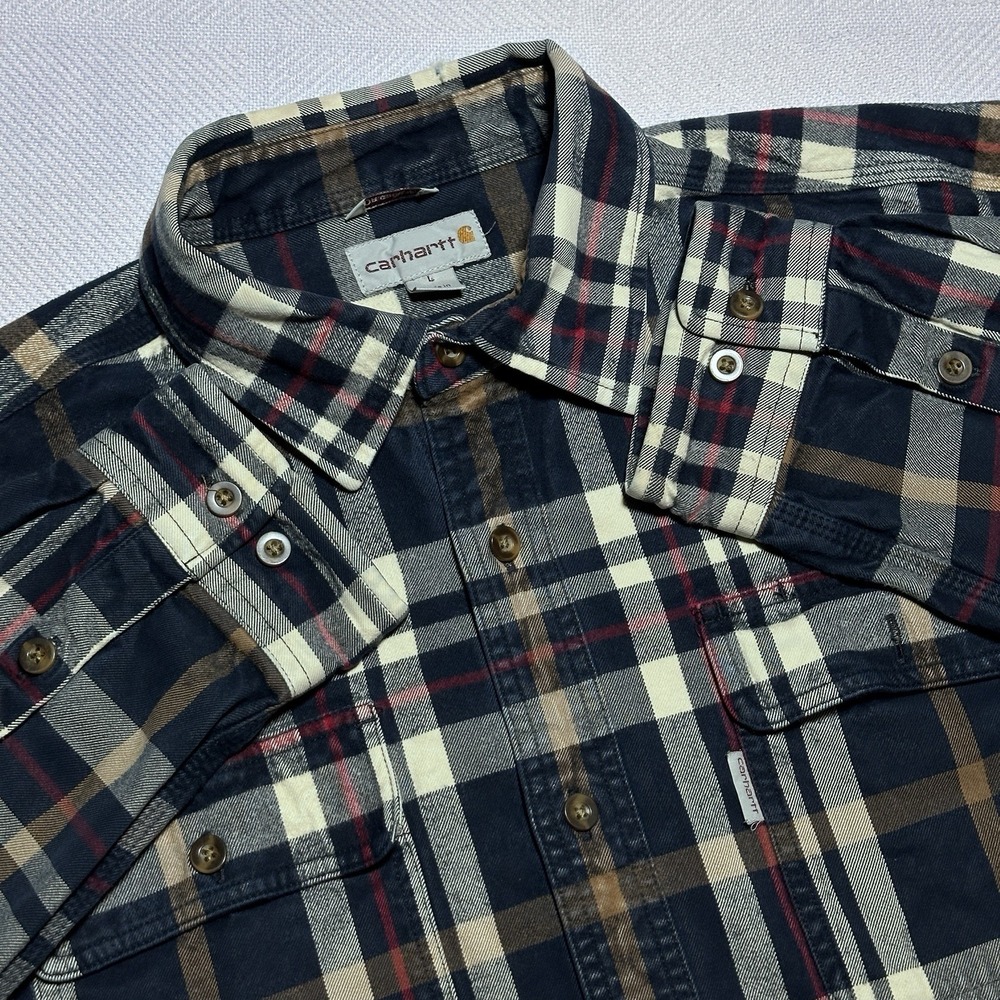 Carhartt Hubbard Button Up Flannel Shirt Mens Large Navy Plaid Dual Flap Pocket